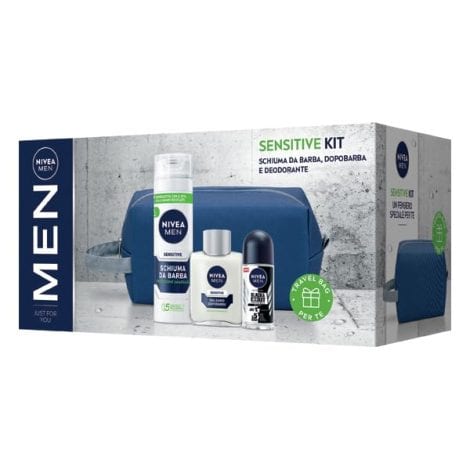 Kit regalo NIVEA MEN Sensibile per uomo, con schiuma da barba 200 ml, balsamo dopobarba 100 ml, deodorante Black & White 50 ml e borsa da viaggio inclusa.