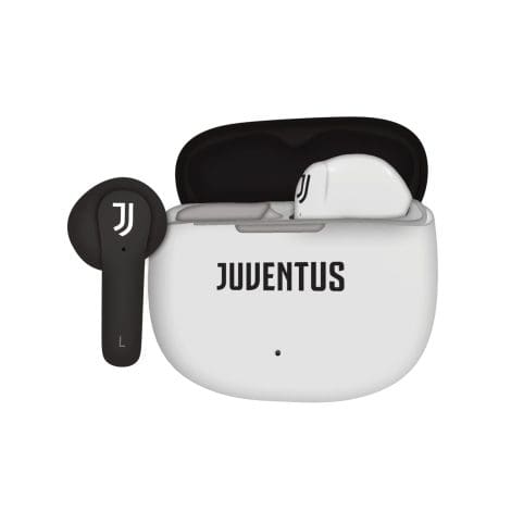 Techmade Juventus, auricolari wireless In Ear con custodia di ricarica bianca e nera.