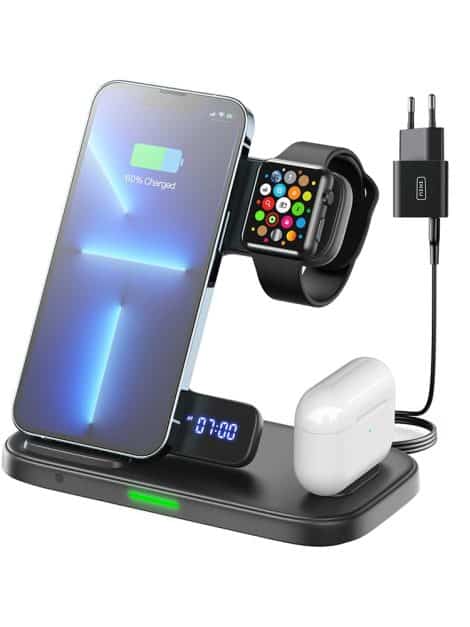 INIU Stand Wireless Caricabatterie 3 in 1 con Ricarica Rapida, per iPhone, AirPods e iWatch.