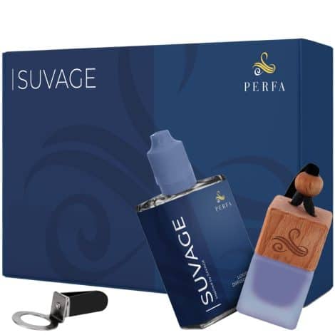 “Suvage – Set regalo con bottiglia di ricarica, deodorante auto con fragranza Sauvage, potente profumo auto, deodorante auto elimina odori Perfa.”