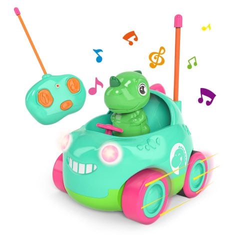 Kizeefun Dino auto telecomandata, gioco luminoso e musicale, regalo perfetto per bambini dai 2 ai 5 anni.