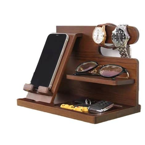 Organizer in legno per telefono, portafoglio, orologi e gadget + regalo per lui.