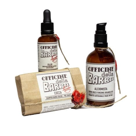 Kit regalo per cura e crescita della barba con sapone, balsamo e filler acido ialuronico Alchimista Cocca.