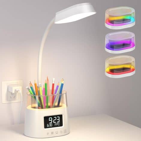 Lampada LED a Scrivania EMOBACO con luce colorata, modalità regolabile, portapenne, timer e orologio.