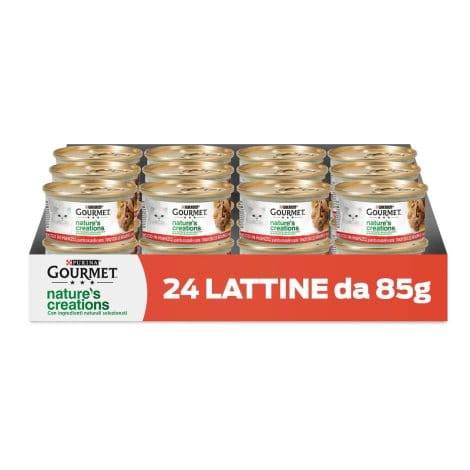 Purina Gourmet Creazioni Naturali Alimento Umido per Gatti con Manzo, Piselli e Carote, confezione da 24 lattine da 85 g.