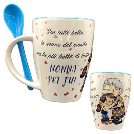 Tazza per la colazione “NONNA” in ceramica con scatola regalo e cucchiaino, perfetta idea regalo per la festa dei Nonni.