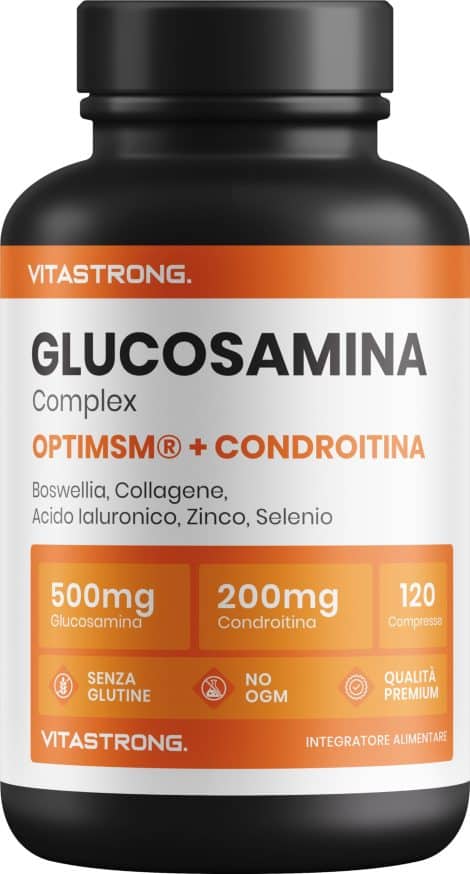 Glucosamina Condroitina MSM Vitastrong – OptiMSM®, Collagene e Acido Ialuronico, Boswellia, Zinco, Selenio e Manganese – Alta Potenza – Qualità Superiore.