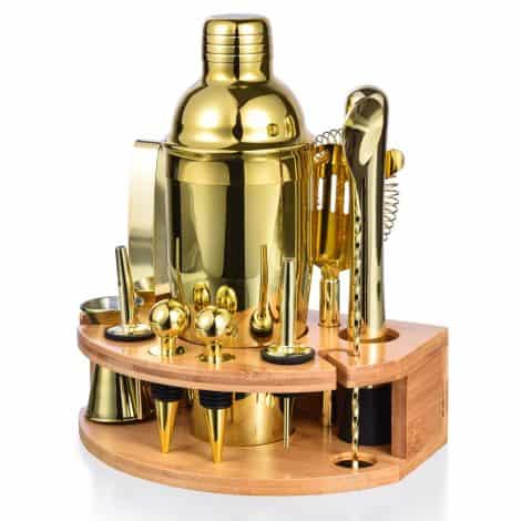 Kit di 12 shaker per cocktail in acciaio inox con supporto, ideale come regalo per uomini, papà e amici, incluso un libretto di ricette per cocktail (Oro).