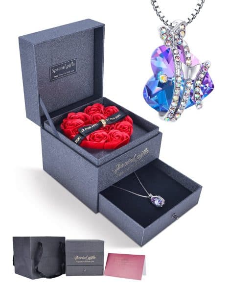 Rose eternamente immorrose con collana farfalla di cristallo, scatola rosa conservata con collana, regalo di rose con confezione per moglie, mamma, San Valentino, compleanno, Natale, anniversario.