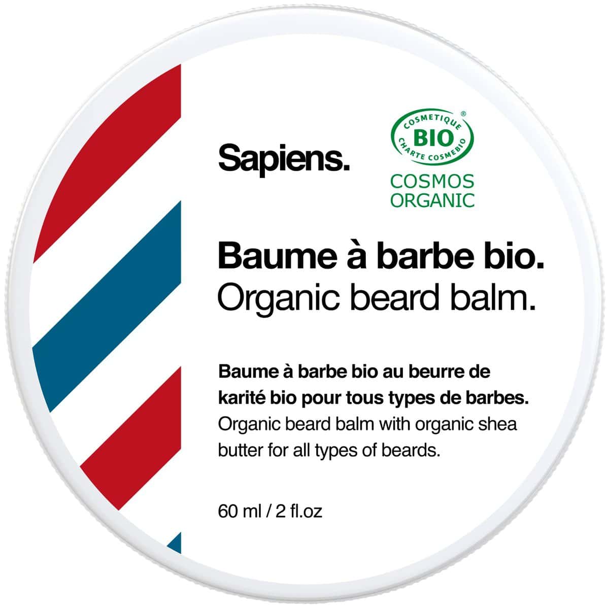 Sapiens Barbershop Balsamo Barba Uomo BIO - Cera Barba e Baffi Ammorbidente Certificato Cosmos Organic Ecocert - Burro di Karité e Olio di Ricino Biologico - Cura Barba Uomo Fatto in Francia (60 ml)