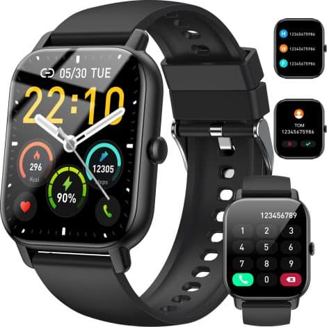 Smartwatch unisex, con chiamate, display 1.85″, monitor SpO2/Sonno, cardiofrequenzimetro, impermeabile, contapassi. Compatibile Android iOS.