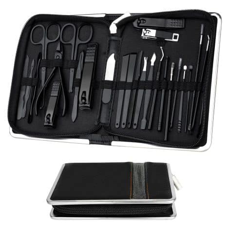 26 Pezzi Set di Manicure Professionale Kit per Unghie, Donna e Uomo, con Lima, Tronchesino, Tagliaunghie e Taglia Spingi Cuticole. Colore Nero.