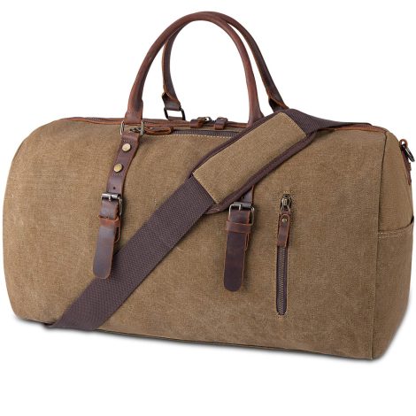 Borsone Viaggio Vintage in Tela e Pelle: spazioso, unisex, ideale per sport e weekend. Marrone.