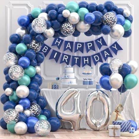 40° Compleanno Palloncini Argento Blu, Decorazioni Palloncini Compleanno 40 Anni Happy Birthday Banner Riutilizzabile.