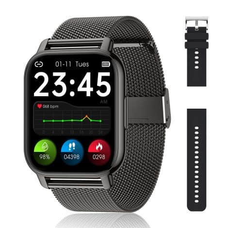 Smartwatch Popglory con due cinturini, chiamate e Whatsapp, contapassi, assistente vocale, orologio digitale, misuratore cardiaco e pressione sanguigna. Regalo perfetto per Android e iOS.