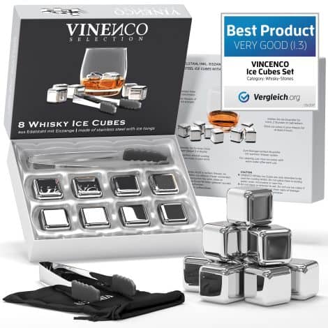 Kit di cubetti di ghiaccio riutilizzabili in acciaio e basalto per whisky, inclusa pinza e bustina. Perfetto per aperitivi e regali.