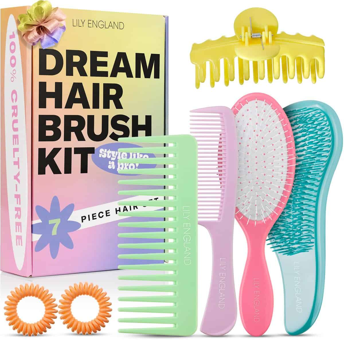 Set Spazzole per capelli Lily England, Kit da 7 Pezzi con Spazzola Districante, Spazzola per Capelli Bagnati, Pettine, Elastici & Pinza per Capelli, Regalo Natale – Regalo Donna