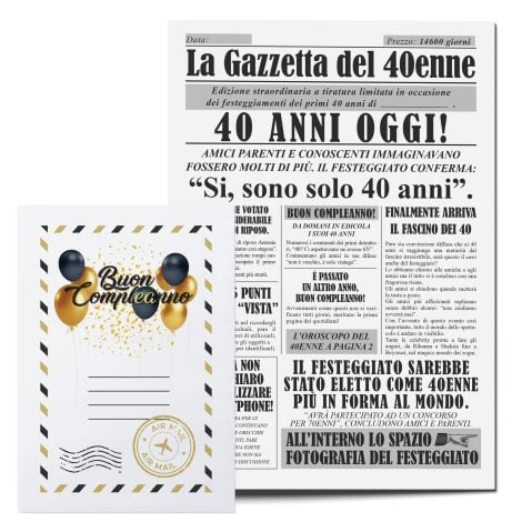 “Regalo originale per il 40° compleanno di un uomo: La Gazzetta del 40 enne, maxi biglietto di auguri e gadget divertenti.”