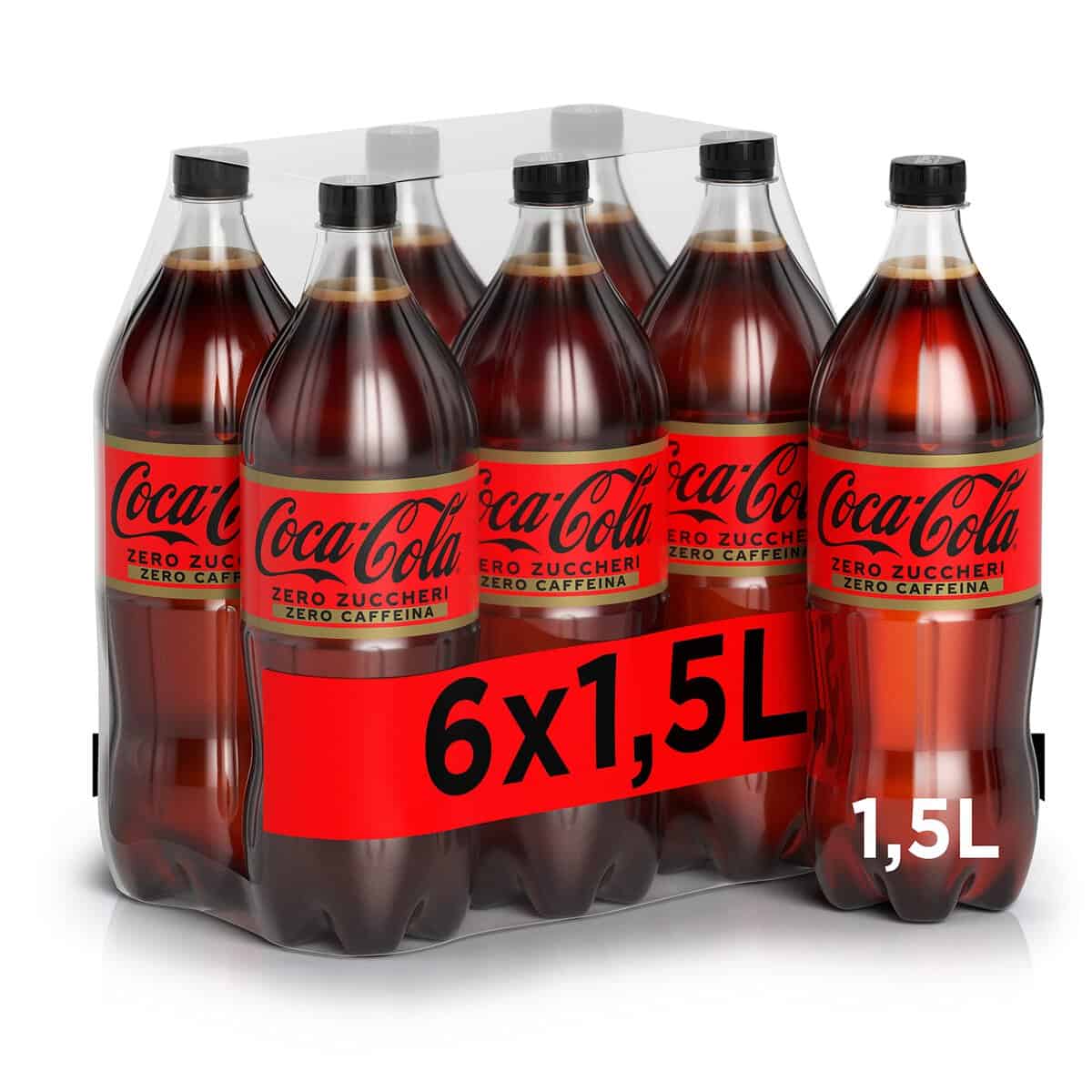 Coca-Cola Zero Zuccheri Zero Caffeina – 6 Bottiglie da 1.5 L, Tutto il Gusto Coca-Cola Senza Calorie e Senza Caffeina, in bottiglia PET 100% Riciclabile, Bevanda Analcolica con Edulcoranti