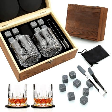 Set regalo whisky maschile: bicchieri, pietre refrigeranti e scatola in legno, perfetto per Natale o compleanno papà.