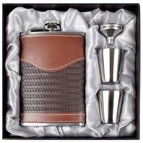 Set regalo da uomo LHD HOME: fiaschetta in pelle e acciaio, con imbuto, per whisky e rum, 227 ml.