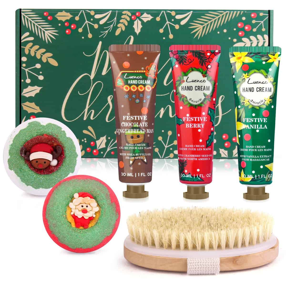 Creme per le mani regalo natale set, 3 crema per le mani, 2 bombe da bagno, 1 spazzola per la pulizia, ricco di oli essenziali, crema per il corpo, tira rapidamente, Natale piccoli regali