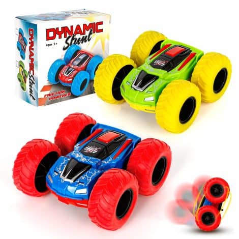 Giocattolo automobilistico inerziale 2 pezzi, perfetto regalo per bambini: Monster Truck rotante e capovolgente, spingi e va. Colore giallo e rosa.