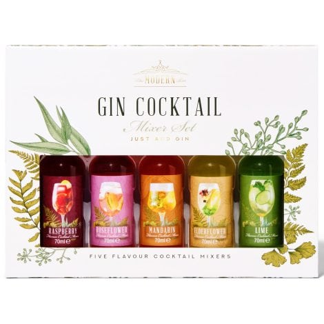 Set regalo di miscelatori di cocktail al gin di alta qualità Modern Gourmet Foods, sapori inclusi: Lime, Fiore di Sambuco, Fiore di Rosa, Mandarino e Lampone, set di 5 (senza alcol).