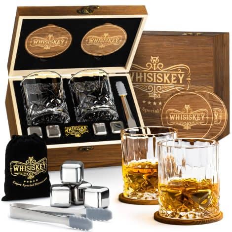 Whisiskey – Kit bicchieri whisky – Ideale per regali maschili – Accessori e 2 bicchieri, pinza, sottobicchieri e 4 cubetti ghiaccio riutilizzabili