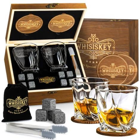 Whisiskey – Kit per Whisky – Ideale per Uomo – Contiene 2 Bicchieri, Pinze, Sottobicchieri, 8 Cubetti di Ghiaccio Riutilizzabili – Regalo Perfetto per gli Uomini.