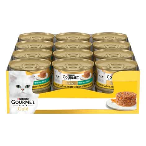 Purina Gourmet Gold Tortini con Verdure – Goloso cibo umido per gatti con pollo e carote, 24 lattine da 85g.