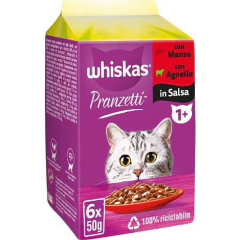 Whiskas Pranzetti Carni Miste per Gatti Adulti 1 Anno, Cibo Umido in Confezioni da 50 g, 72 Pezzi.