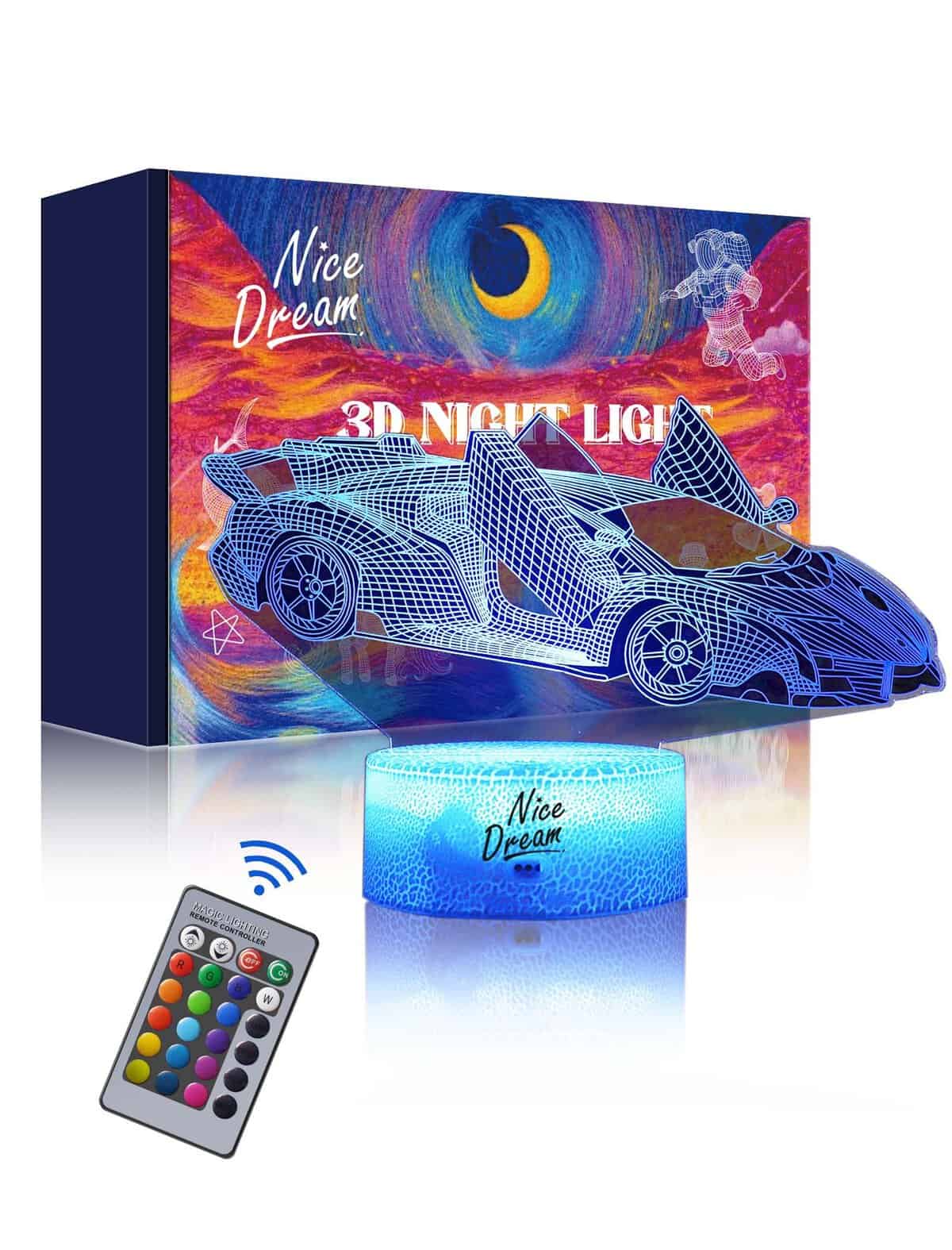 Nice Dream Luce Notturna per Auto Sportive per Bambini, Lampada da Illusione 3D Luce LED, Telecomando 16 Cambia Colore Dimmerabile, Regali di Natale per Ragazze Ragazzi Camera da Letto