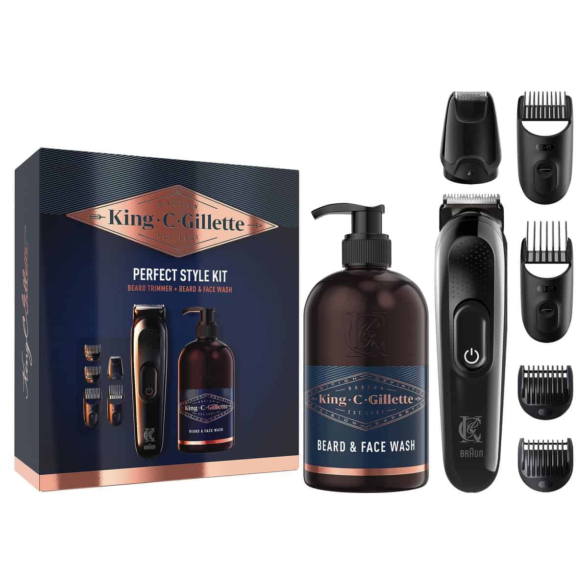 King C. Gillette Style Master Kit REGOLABARBA UOMO e DETERGENTE VISO UOMO 3 in 1, Idrata Viso e Barba, per la Cura della Barba, Confezione Idea Regalo, Set Barba Uomo Professionale