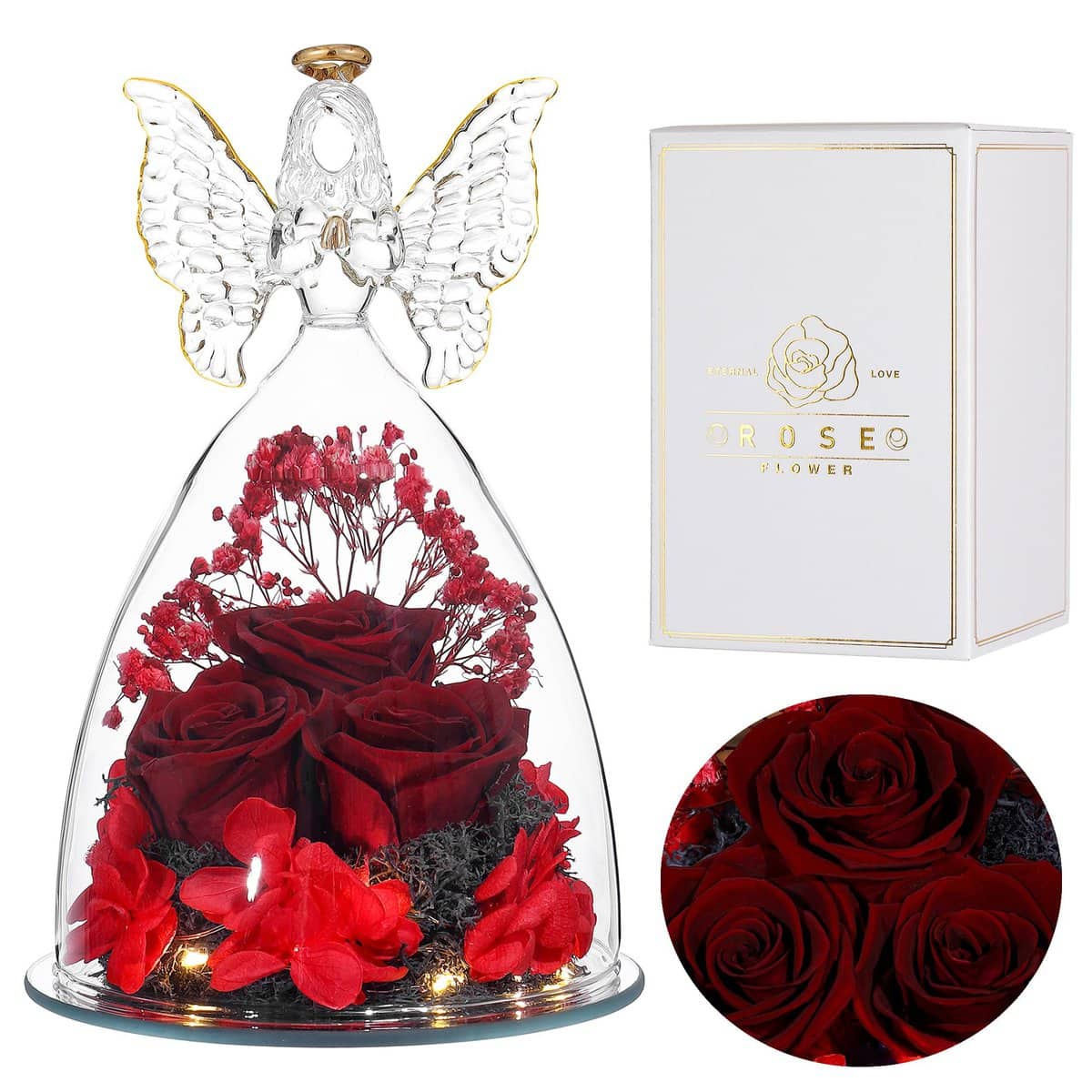 Eaprala Tre Rose Eterna in Vetro Figurine Angelo, Regalo Compleanno per Donne, Regalo Angelo per Lei in Occasione Dell'anniversario, Natale, San Valentino, Festa Della Mamma.Rosso Vino