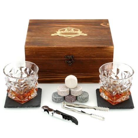 Set Regalo con Pietre e Bicchieri da Whisky, Pietre refrigeranti Fatte a Mano in Scatola di Legno, Set di 2 Bicchieri da Whisky. Perfetto per bevande fredde senza diluizione. Ideale regalo per papà, marito, uomo.