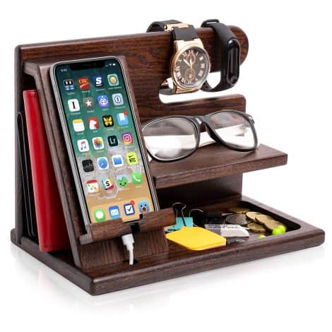 Stazione di ricarica in legno Teslyar per smartphone con supporto portafoglio, orologio. Regalo elegante per lui, lei, papà a Natale.