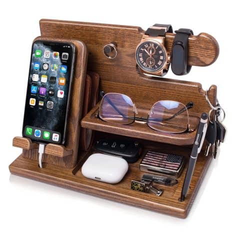 TESLYAR Portaoggetti in legno per ufficio, ideale come regalo per uomini per festeggiare Natale o come regalo per papà, con supporto per telefono, orologio e monete.